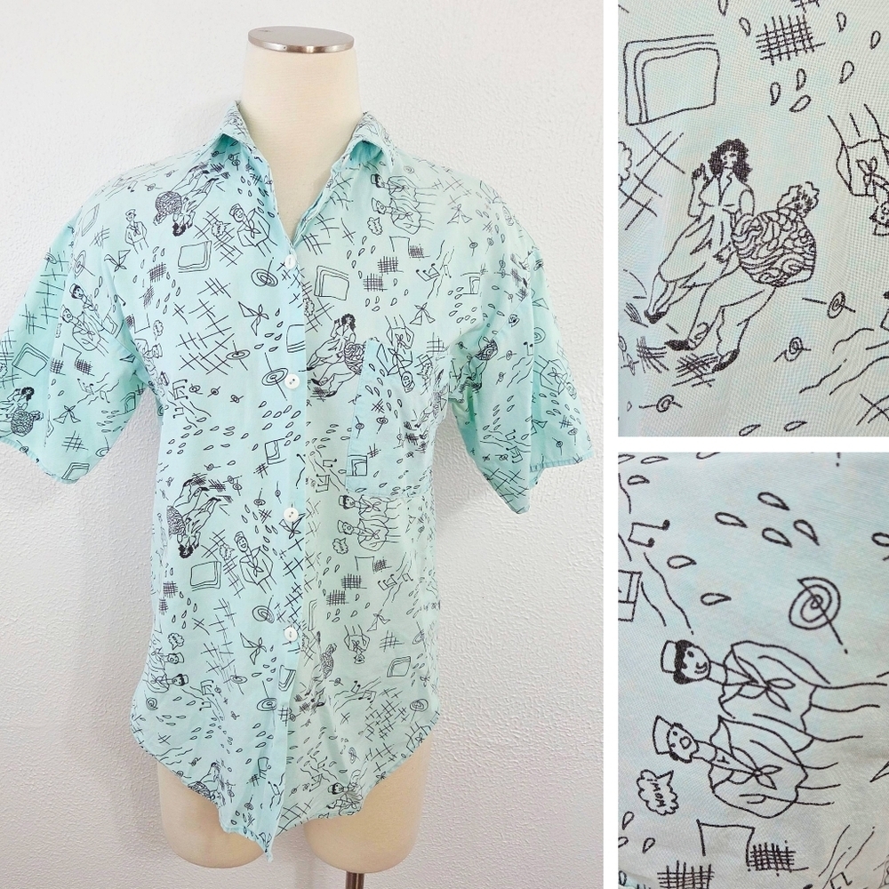 Vintage Quirky Women's Short Sleeve Button Down Beach Shirt Aqua Blue Doodles